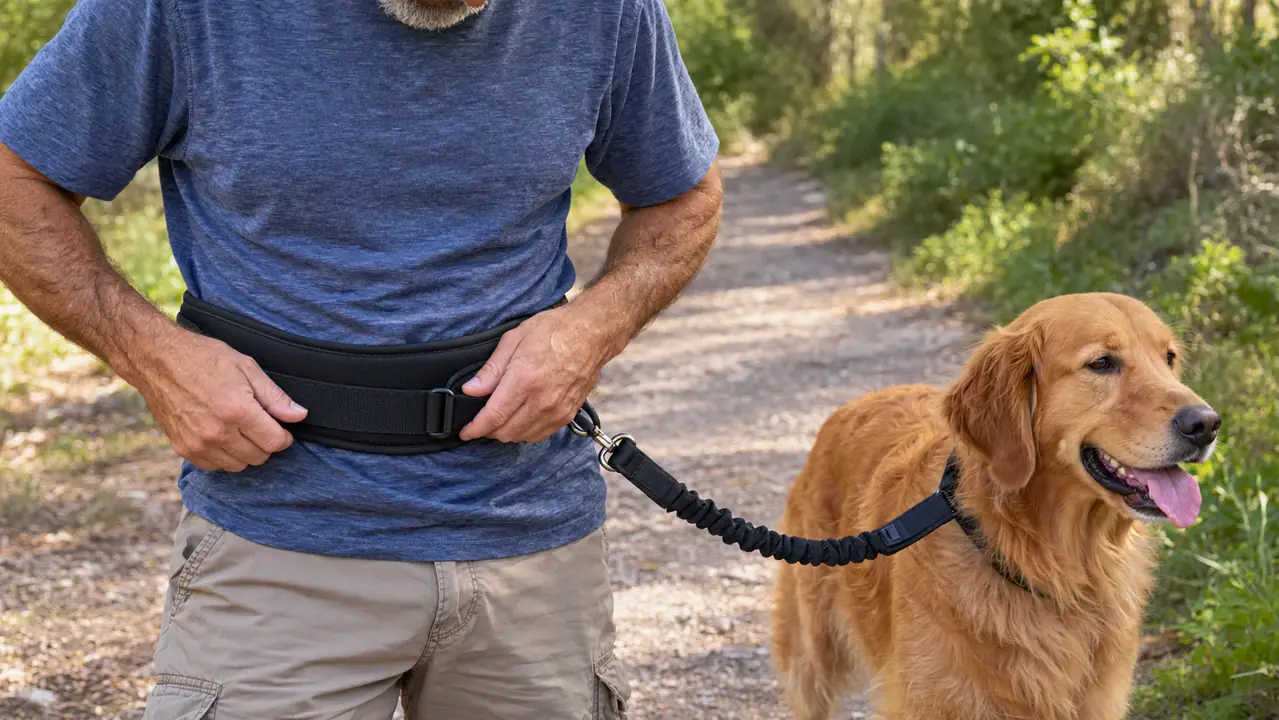 A hand adjusting a padded hands-free dog leash around a waist while the dog waits calmly