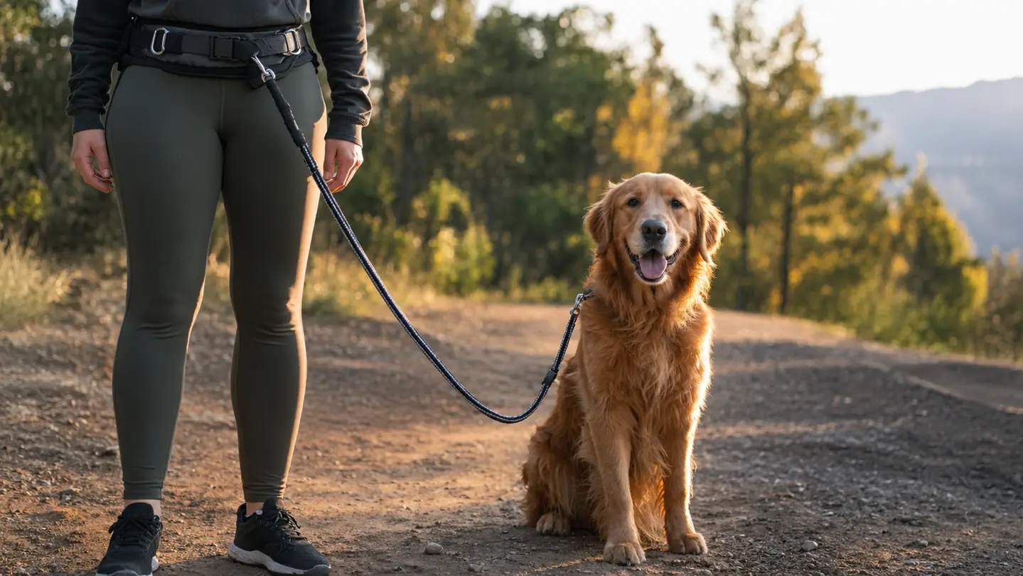 A dog sitting on a trail with a hands-free leash attached to a waist belt, late afternoon light