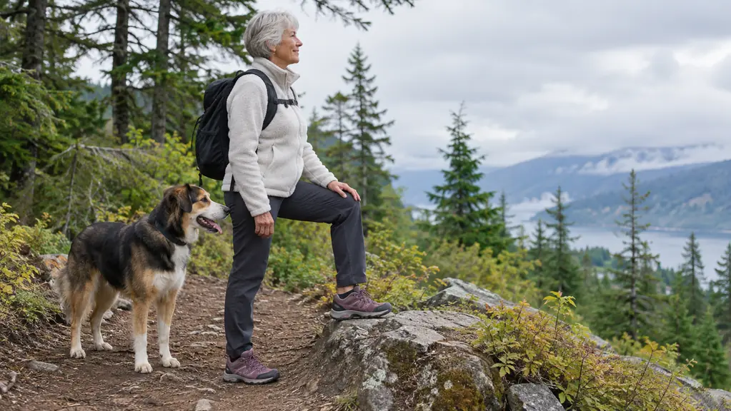 A person lacing a hiking shoe while a dog waits on the trail ahead