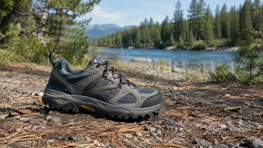 A hiking shoe on a dry gravel path with pine needles and a river in the background