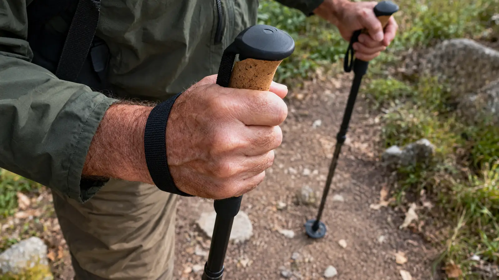 A hand gripping a trekking pole handle with a cork grip and a wrist strap, the basket resting on a dirt trail