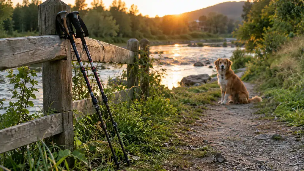 A pair of trekking poles leaning against a wooden fence beside a river path at sunset