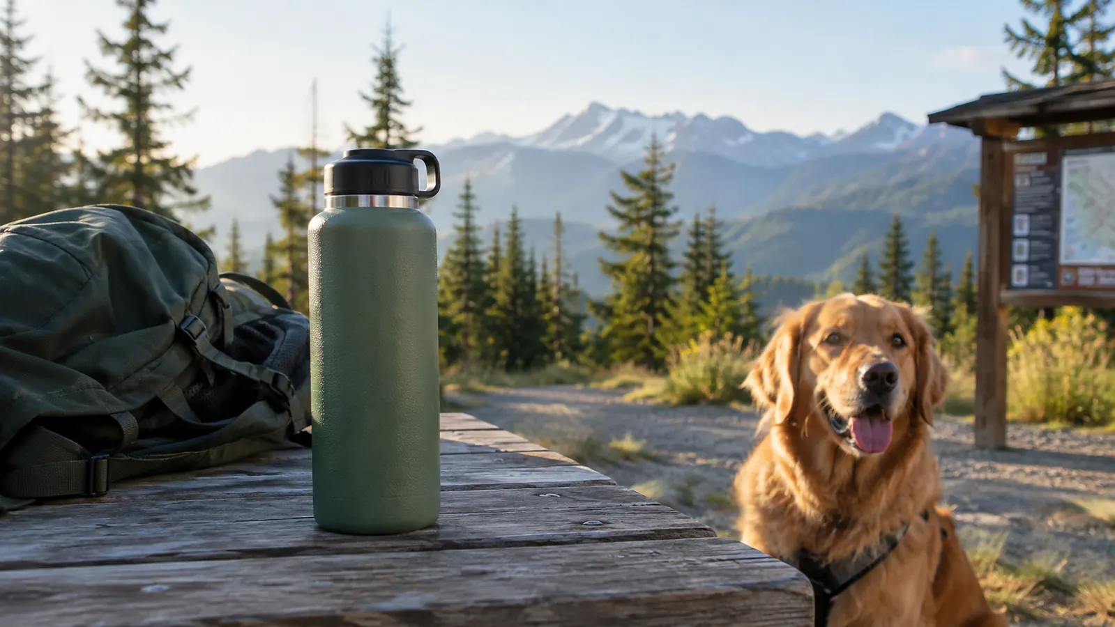 A stainless steel water bottle standing on a picnic table beside a trailhead sign