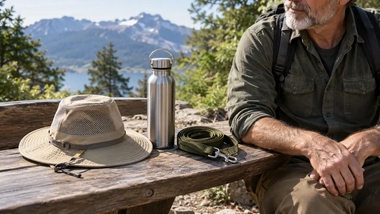 A wide brim sun hat resting on a bench beside a water bottle and leash