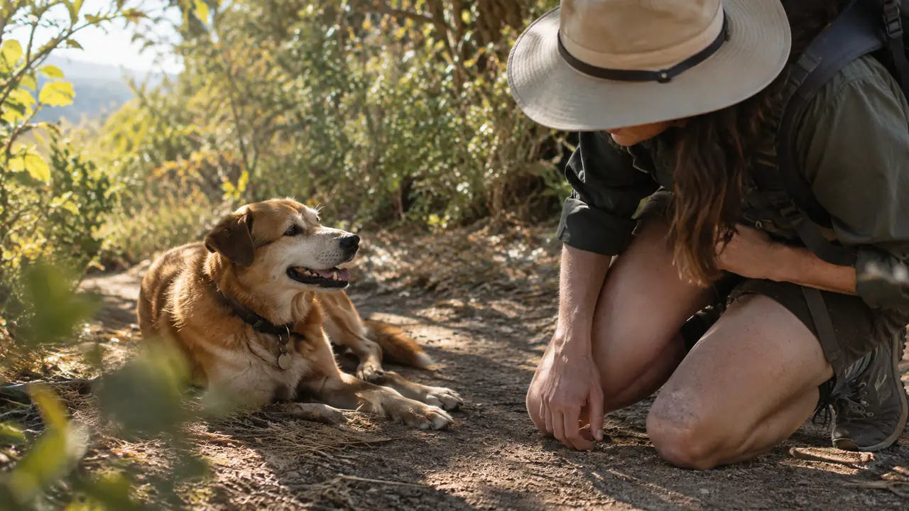 A dog lying in the shade on a trail while its owner adjusts a sun hat