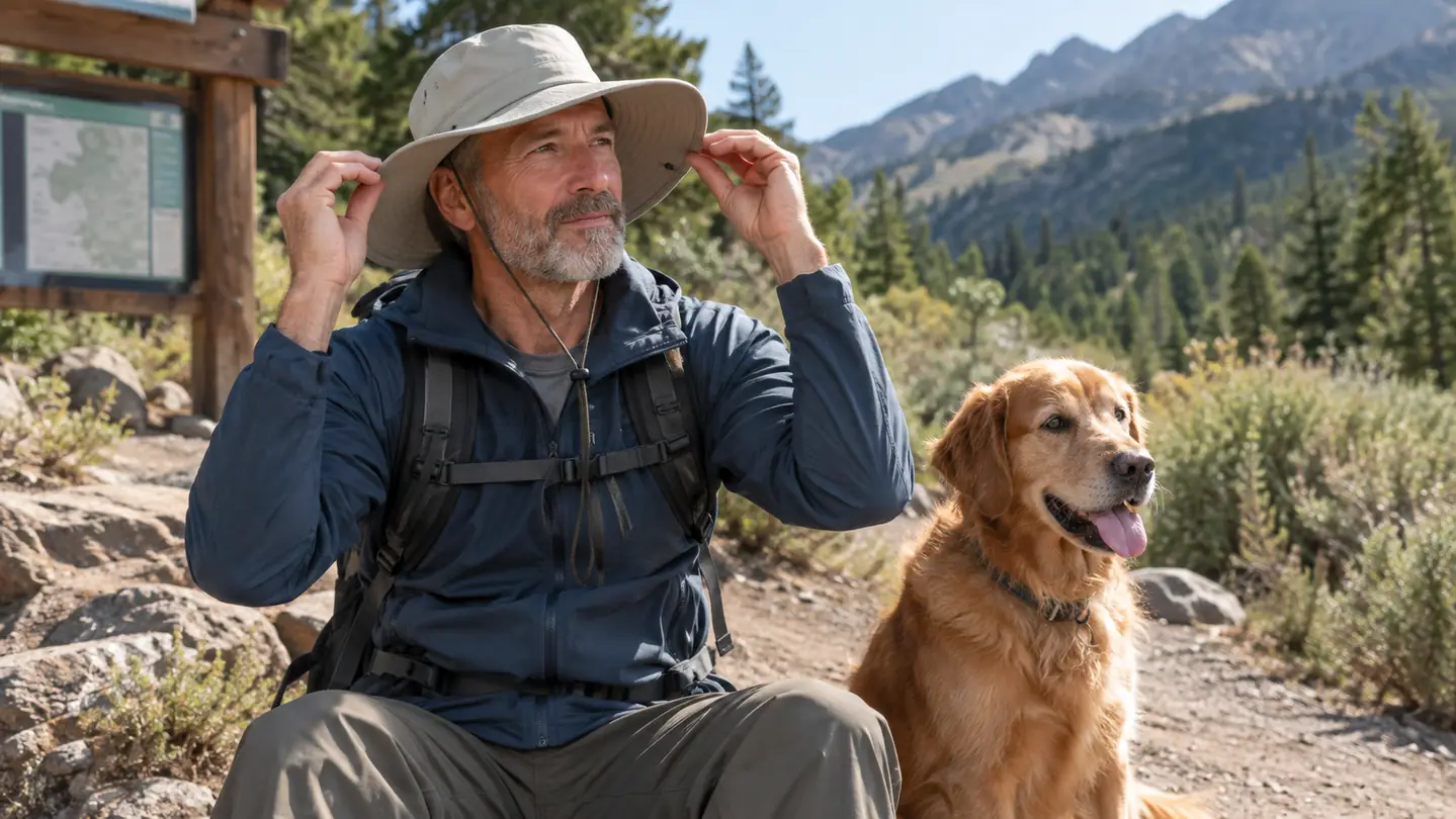 A person adjusting a wide brim sun hat on their head while a dog waits on a trail