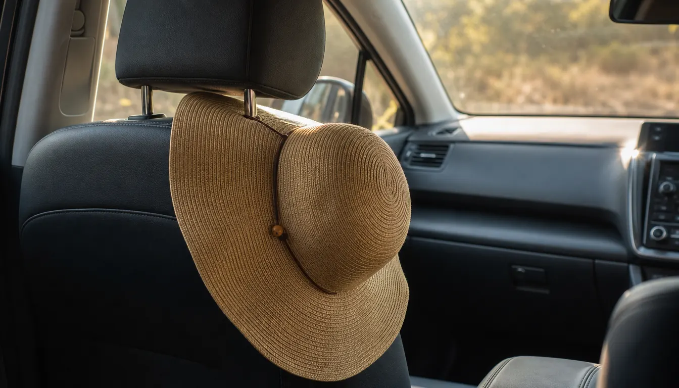 A wide brim sun hat hanging from a car headrest to dry after a walk