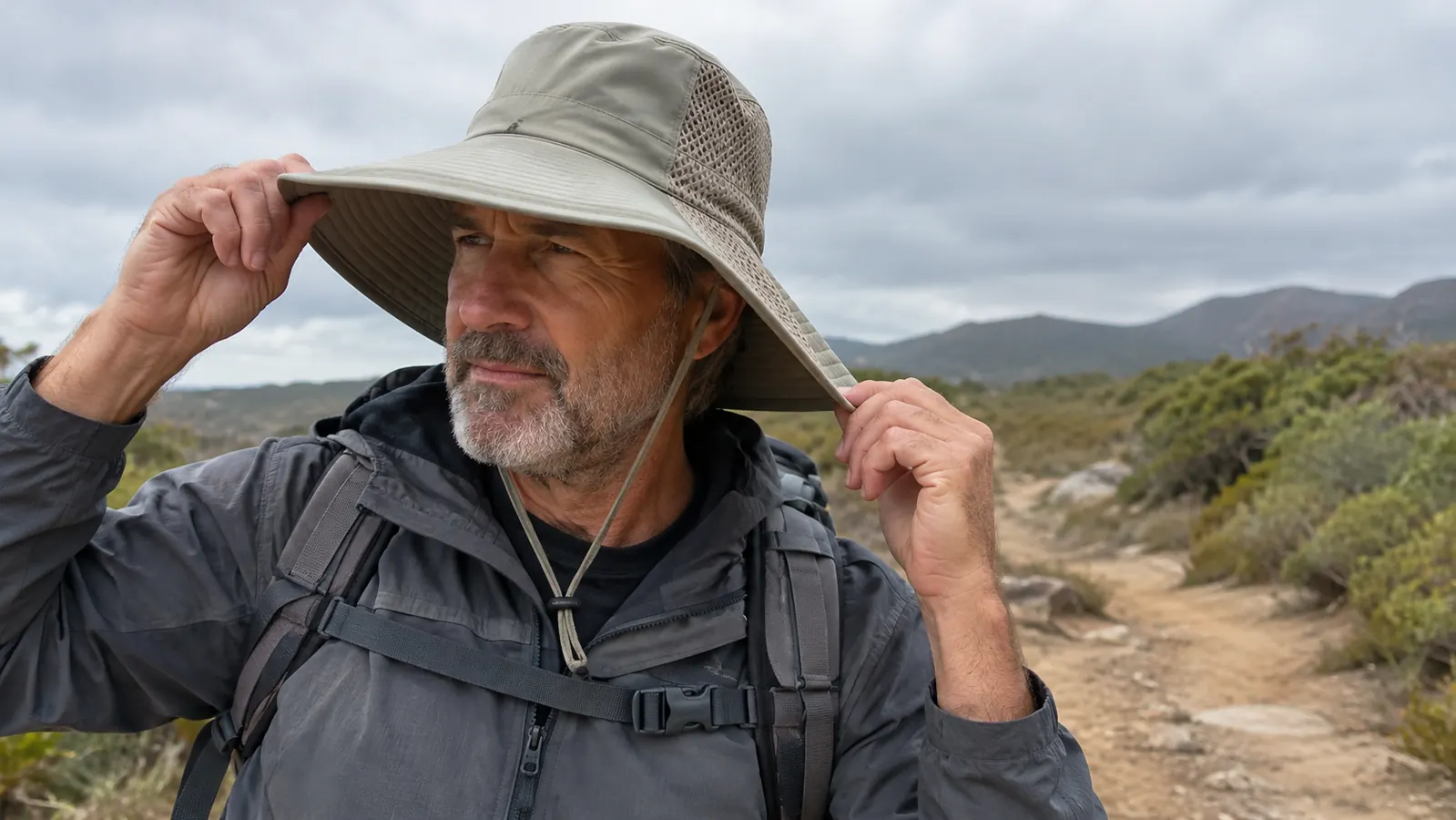 A person's hand adjusting a wide brim sun bucket hat on their head while standing on a trail