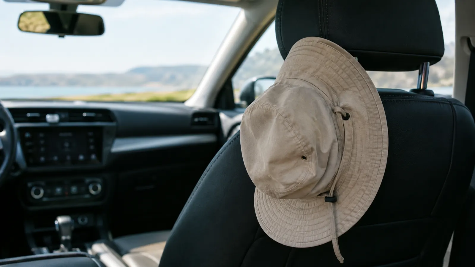 A wide brim sun bucket hat hanging from a car headrest inside a small SUV