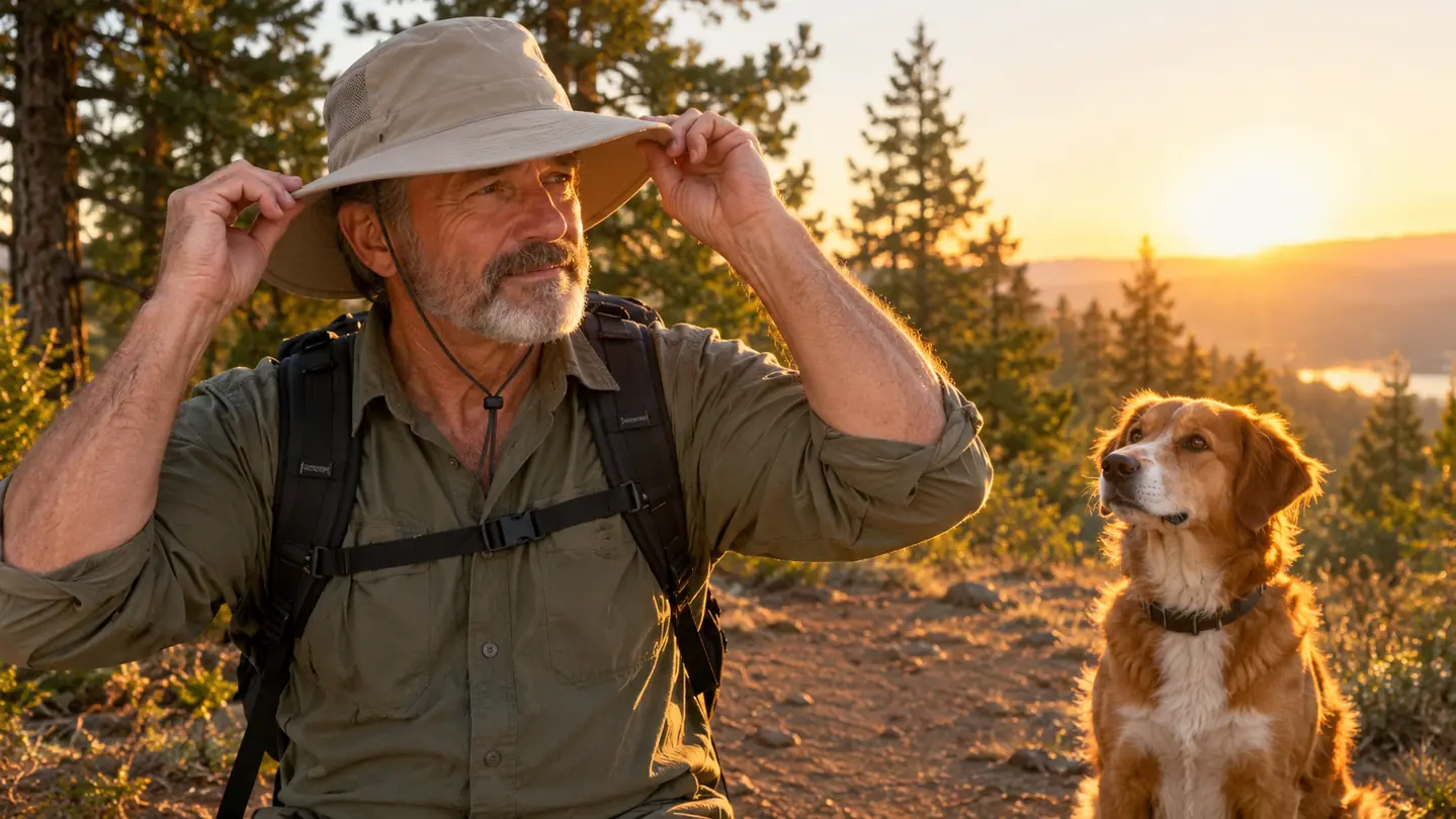 A person adjusting a wide brim sun hat while a dog waits on a trail