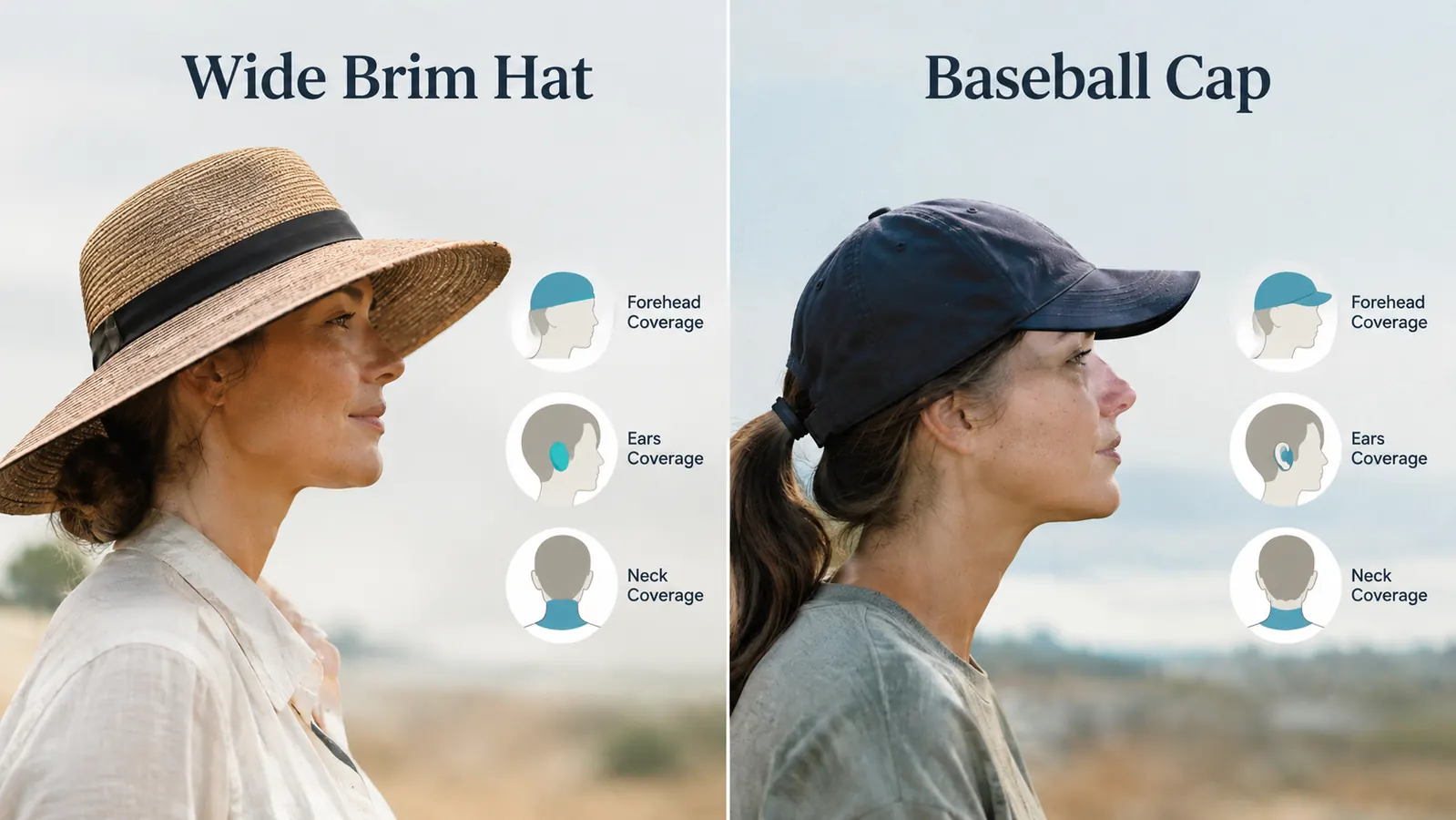 A simple chart comparing sun coverage of a wide brim hat and a baseball cap