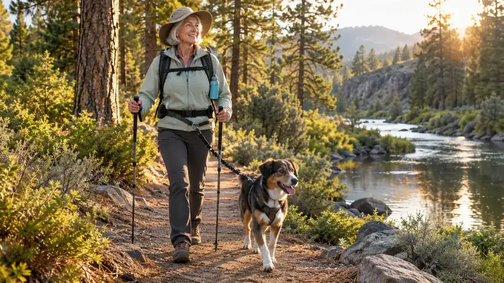 A woman in a wide-brim hat walking a dog on a hands-free leash along a sunny riverside trail, trekking poles in hand