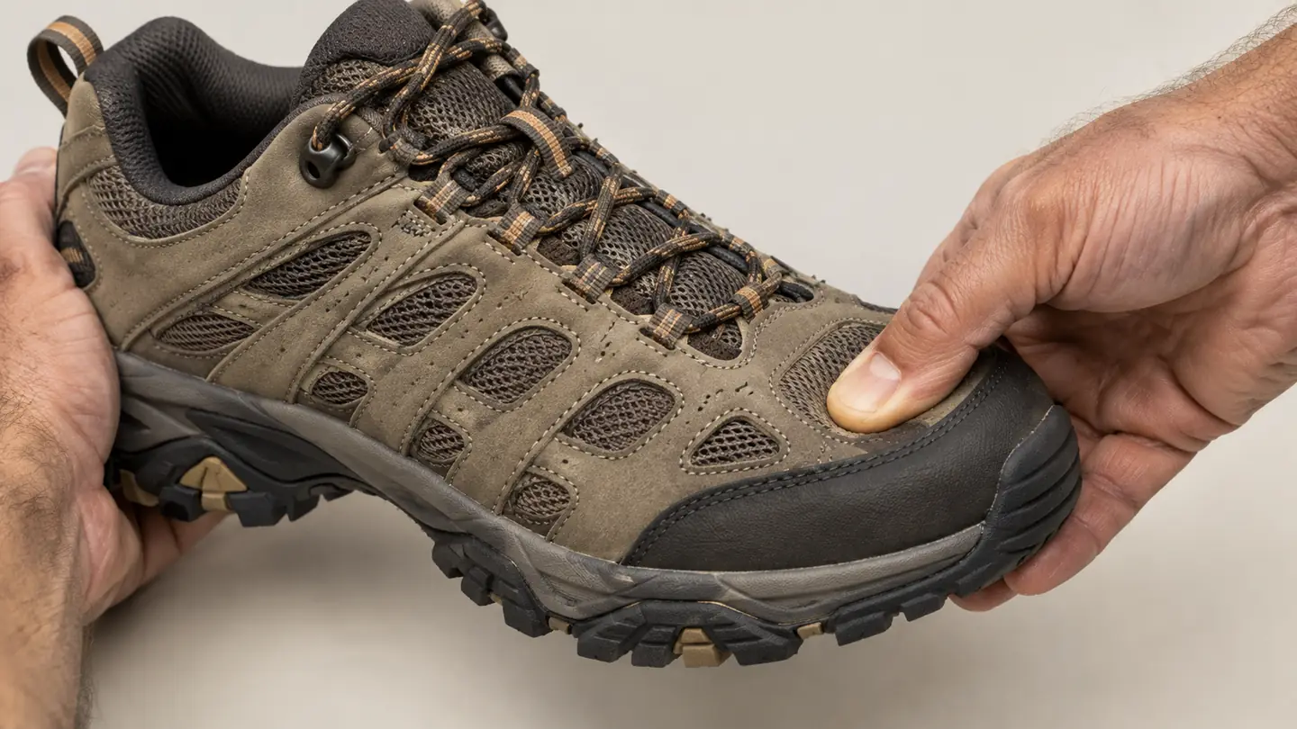 A hand pressing a thumb into the toe box of a hiking shoe to check for a thumb-width gap
