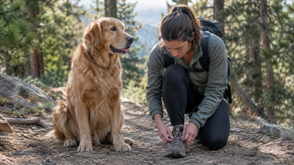 A dog waiting on a trail while its owner adjusts a hiking shoe