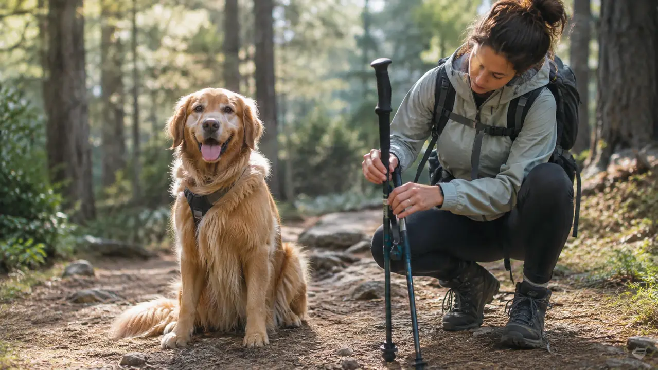 A large dog waiting on a trail while a person adjusts trekking poles