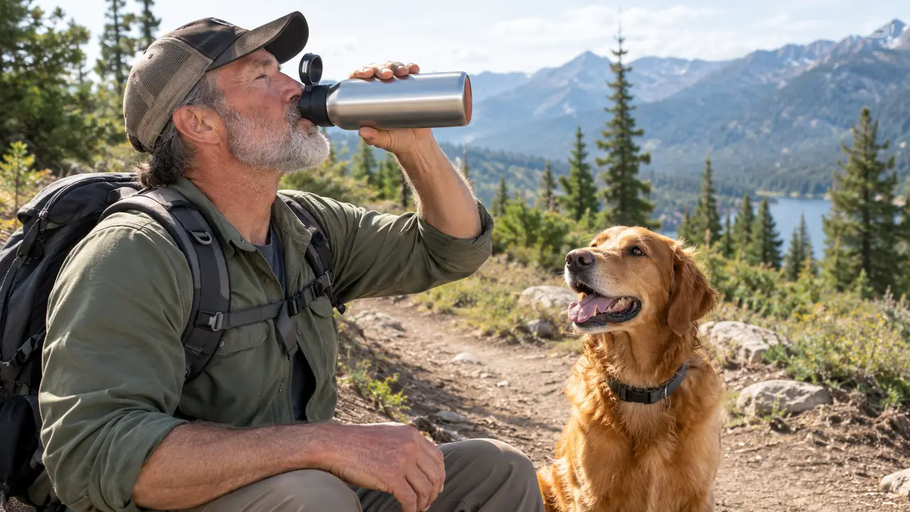A hand holding a stainless steel water bottle with a two-way lid, tipping it up to drink while standing on a trail