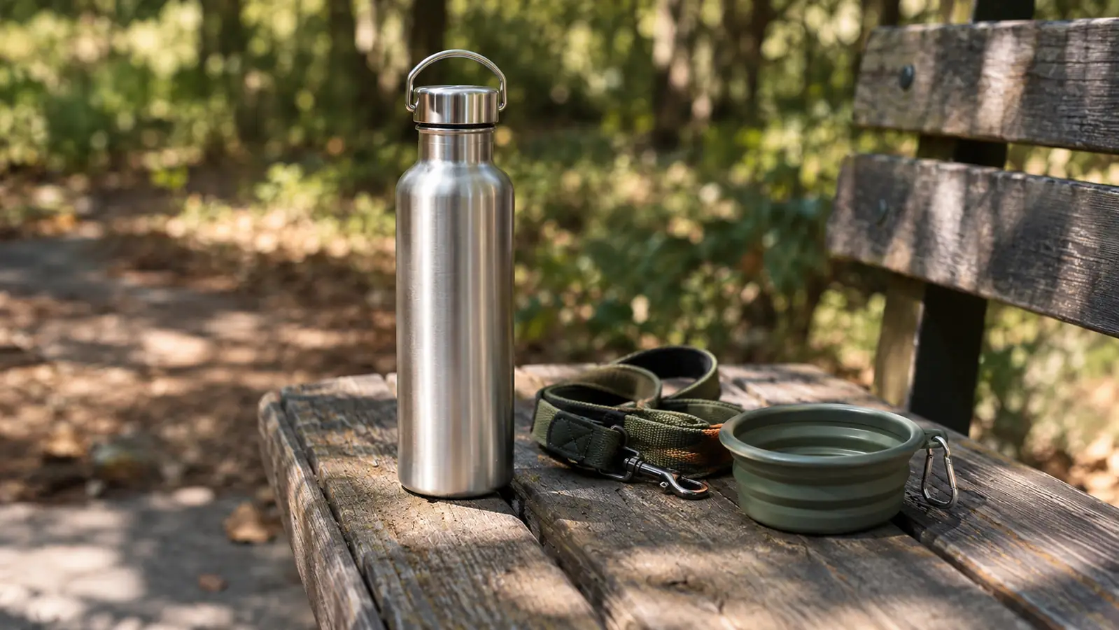 A stainless steel water bottle standing upright on a wooden bench beside a folded leash and a small collapsible dog bowl