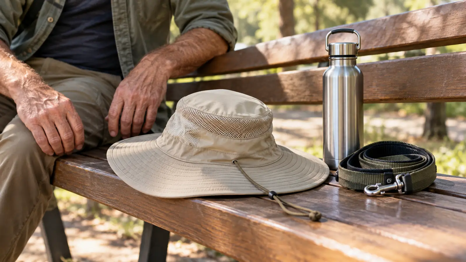 A wide brim sun hat resting on a bench beside a water bottle and leash