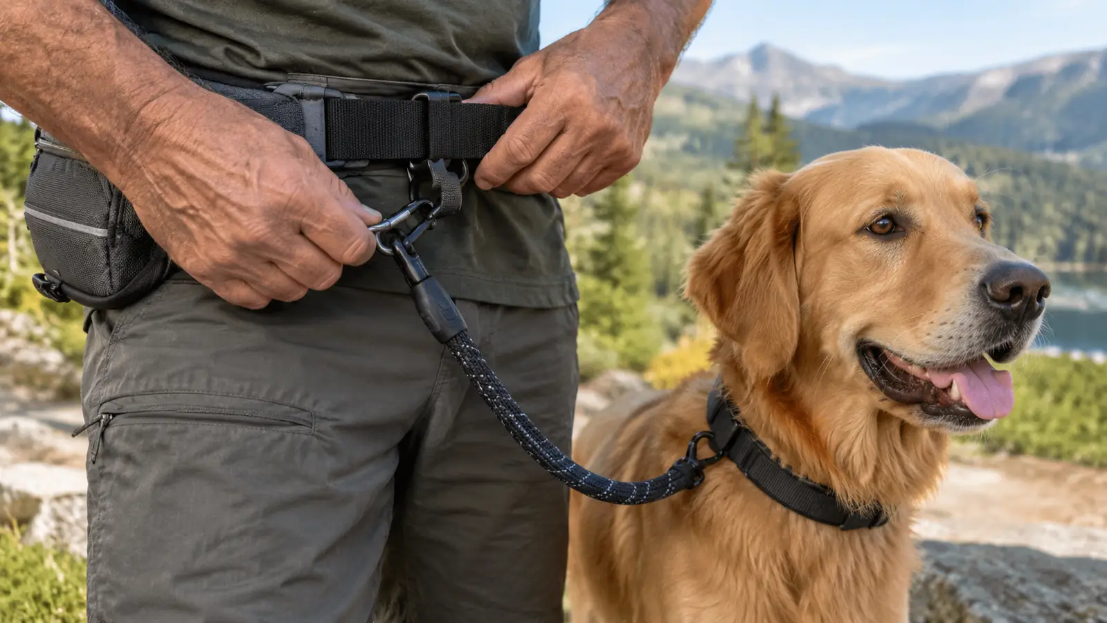 A hand clipping a hands-free dog leash to a waist belt over a jacket