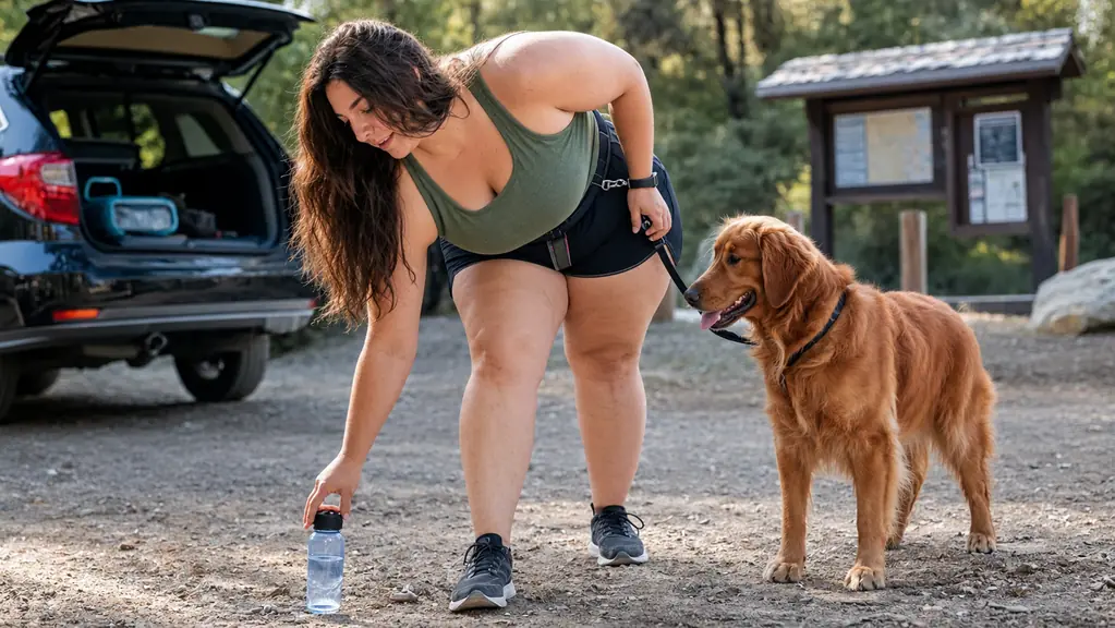A person bending to pick up a dropped item while the dog waits calmly on a hands-free leash