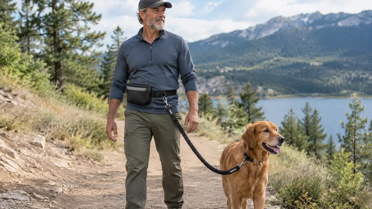 A hands-free dog leash with a zipper pouch attached to a waist belt, worn by a person standing on a trail