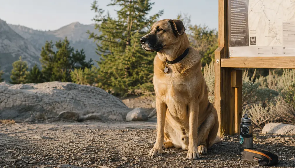 A dog sitting beside a trailhead sign, with a water bottle and a small pouch on the ground nearby