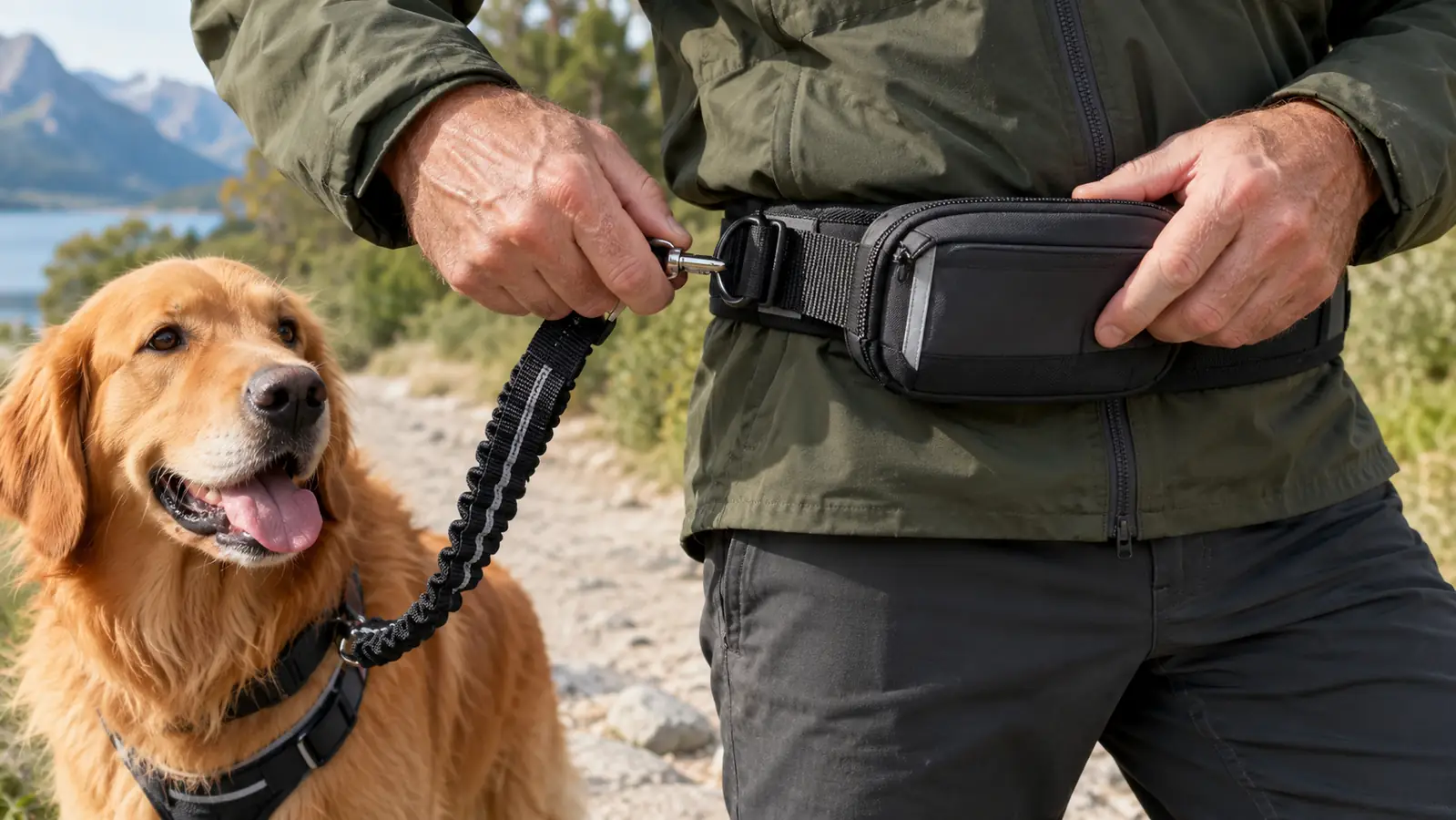 A hand clipping a dog leash to a waist belt over a jacket, the dog standing calmly beside the person