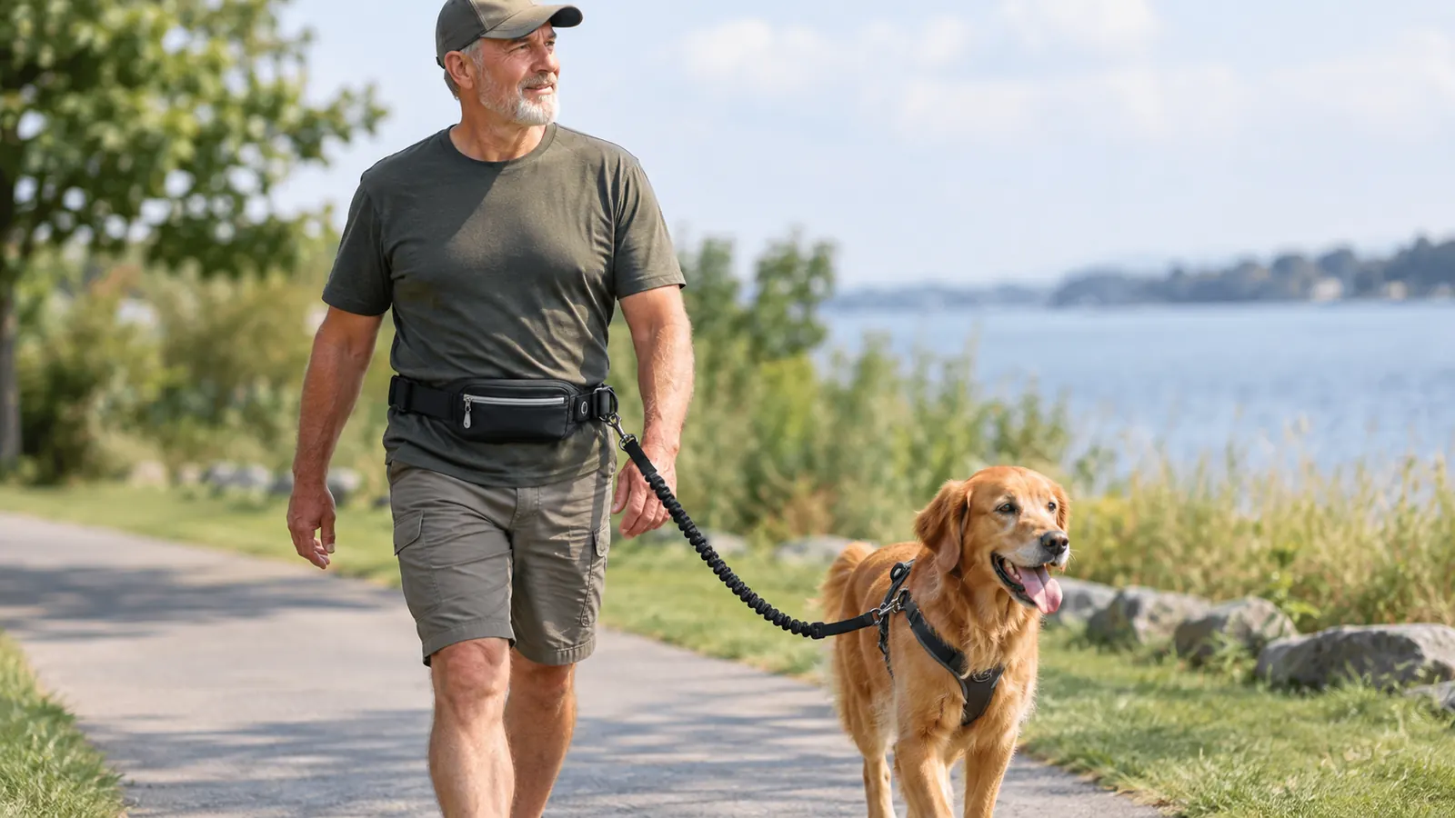 A dog wearing a hands-free leash while walking beside a person on a paved path