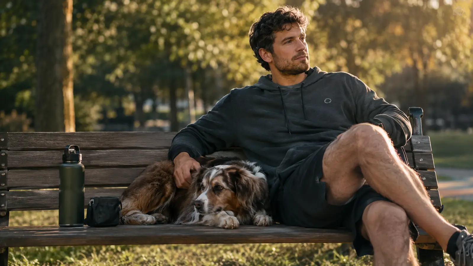 A person sitting on a bench with a dog resting beside them, both looking comfortable after a walk