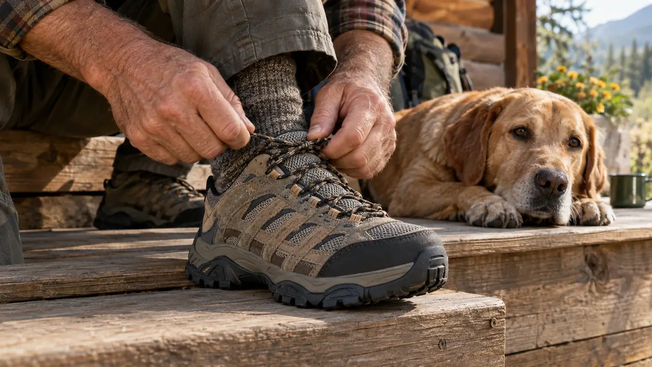 A hand adjusting the laces of a hiking shoe on a foot resting on a porch step, a dog lying nearby