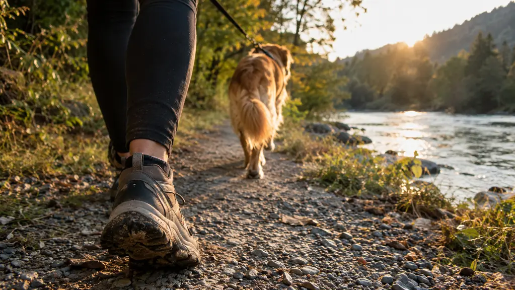 A hiking shoe on a gravel trail beside a river, a dog walking ahead on a leash, late afternoon light