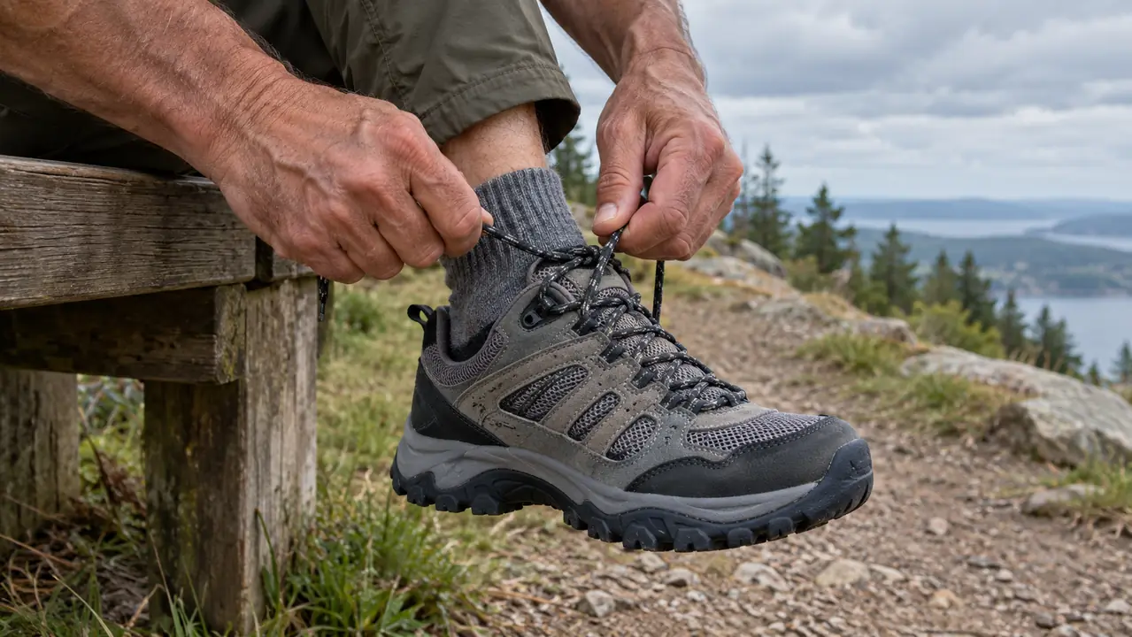 A hand lacing a hiking shoe on a bench beside a trail, with a water bottle nearby