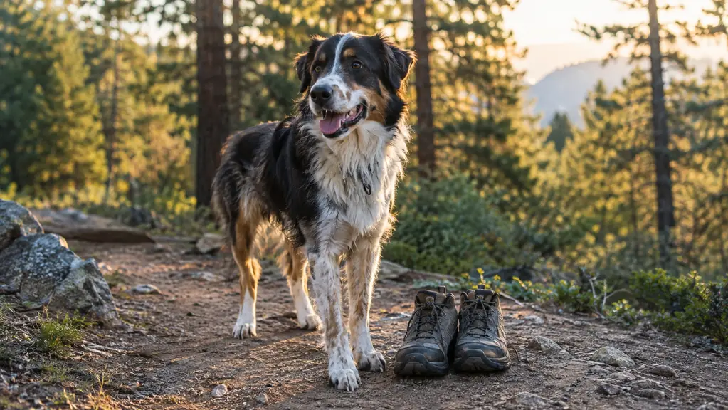 A dog standing on a trail beside a pair of hiking shoes, late afternoon light