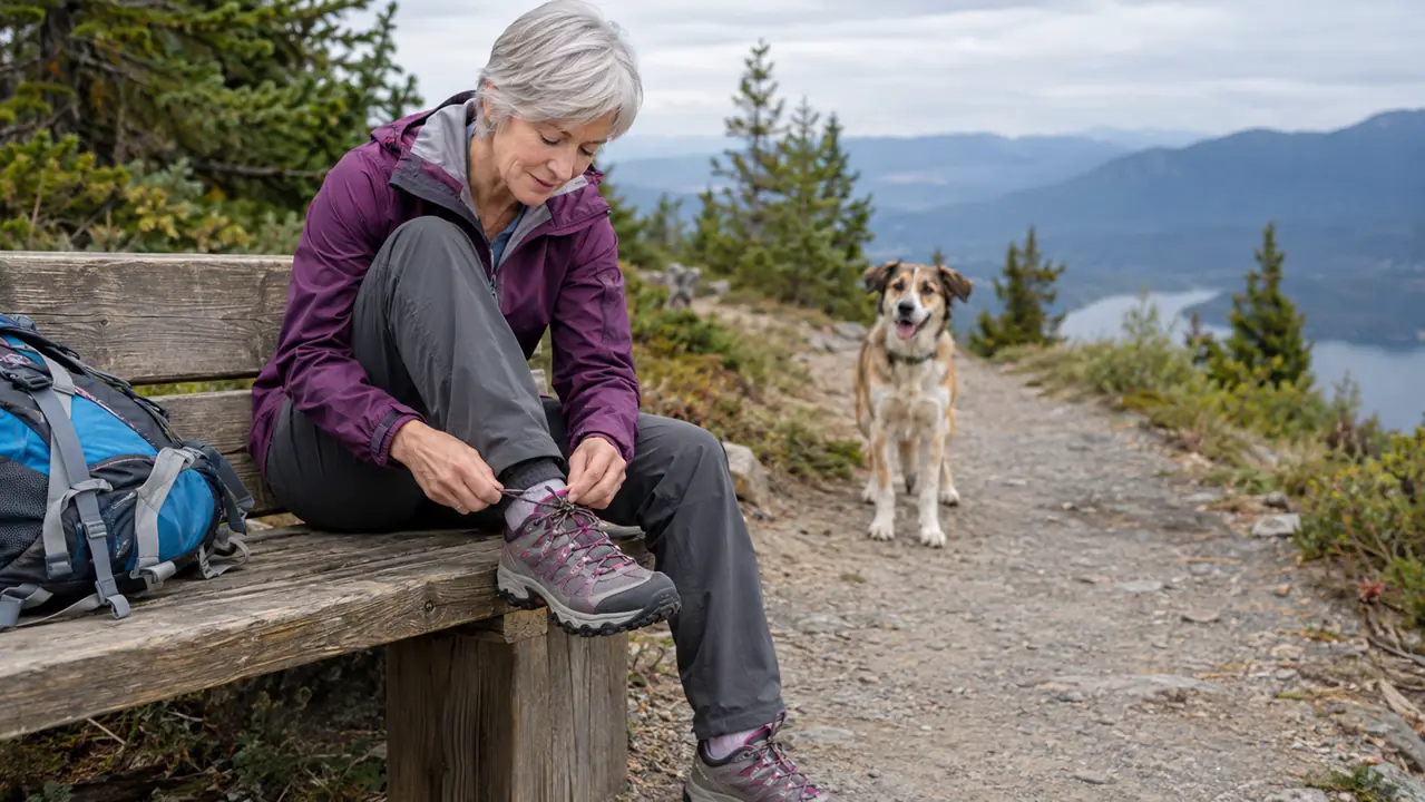 A person lacing a hiking shoe while a dog waits on the trail behind them