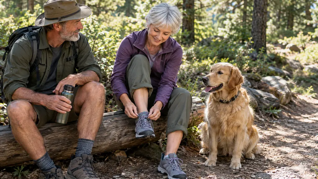 A person lacing a hiking shoe while a dog waits on the trail beside them