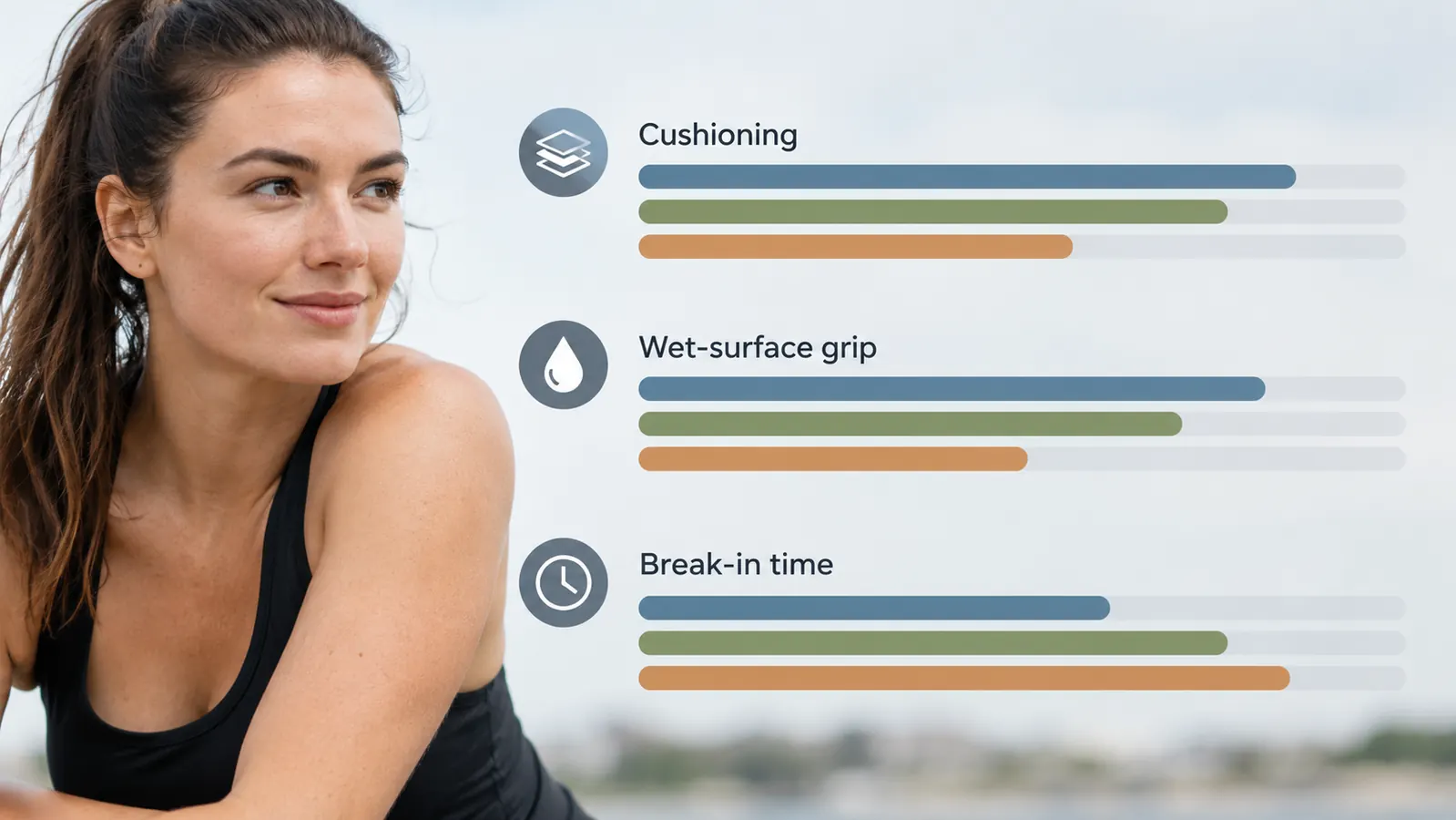 A simple chart comparing cushioning, grip, and break-in time for two hiking shoes