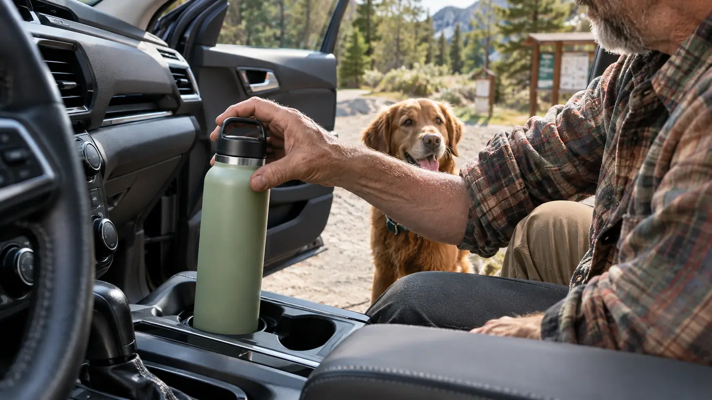 A hand lifting a water bottle from a small SUV cup holder at a trailhead