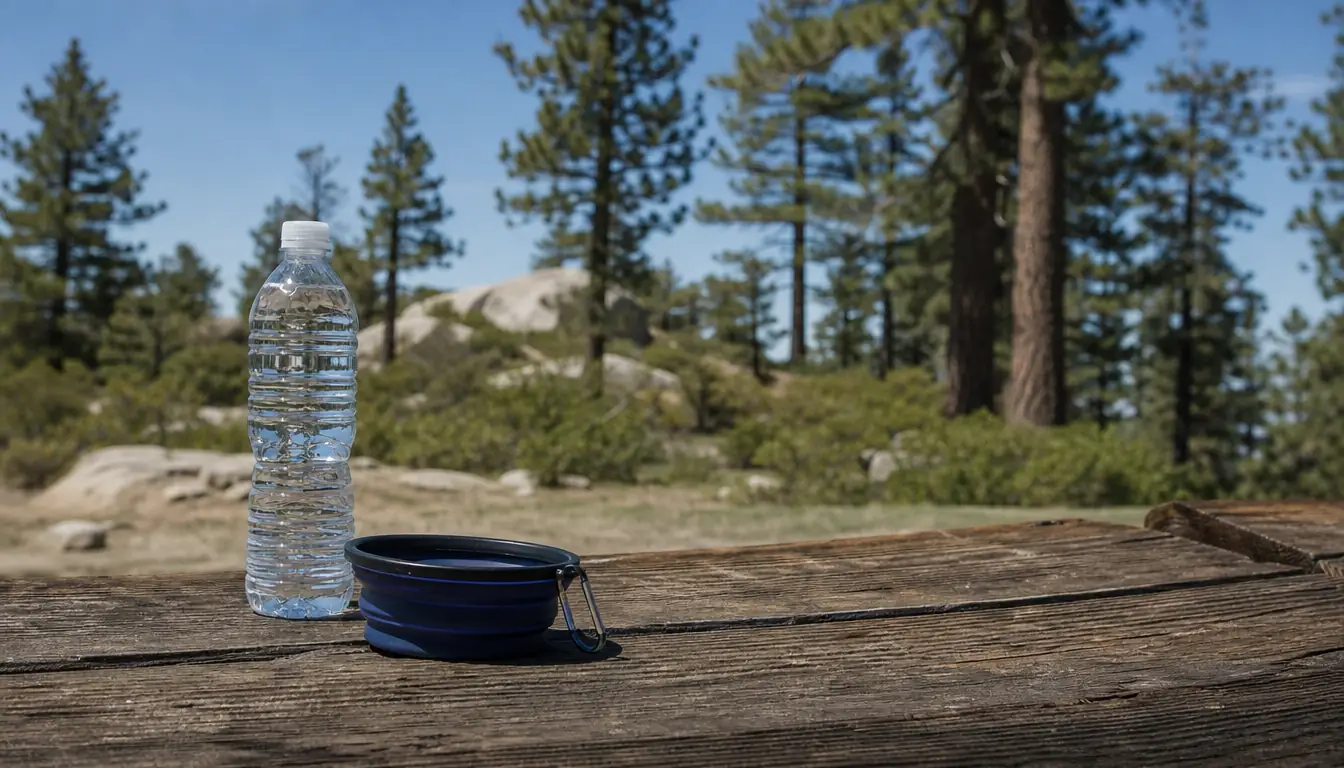 A water bottle on a picnic table beside a dog bowl at a rest stop