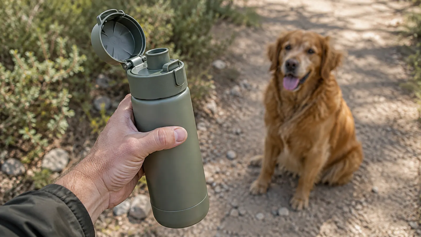 A hand holding a stainless steel water bottle with the spout open while a dog waits on a dirt path