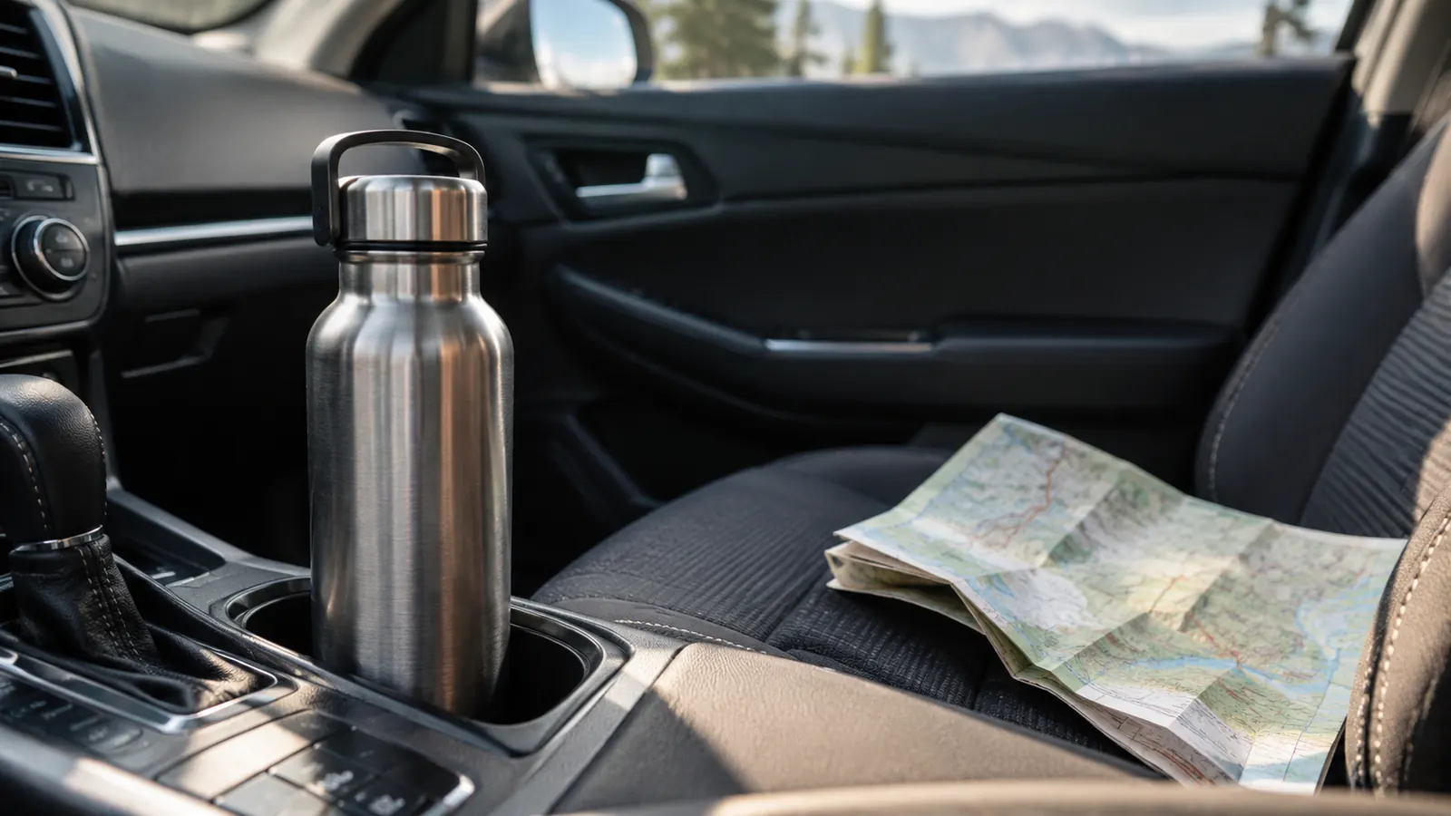 A stainless steel water bottle resting in a car cup holder beside a folded trail map