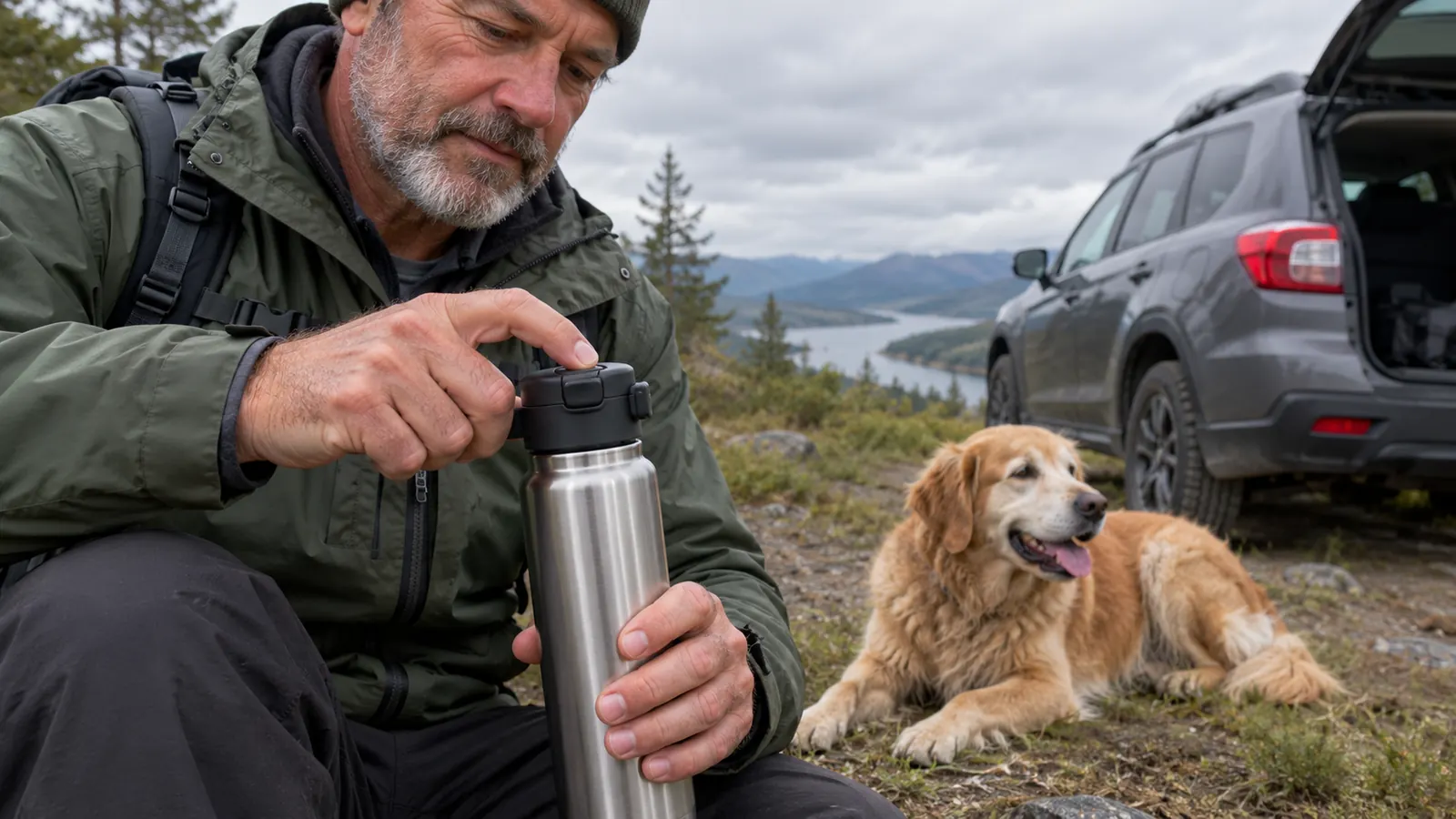 A hand pressing the push-button lid of a stainless steel water bottle while the dog rests on the trail beside a small SUV