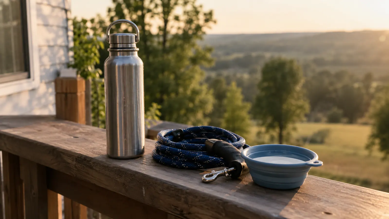 A stainless steel water bottle standing on a wooden porch railing beside a leash and a small bowl of water