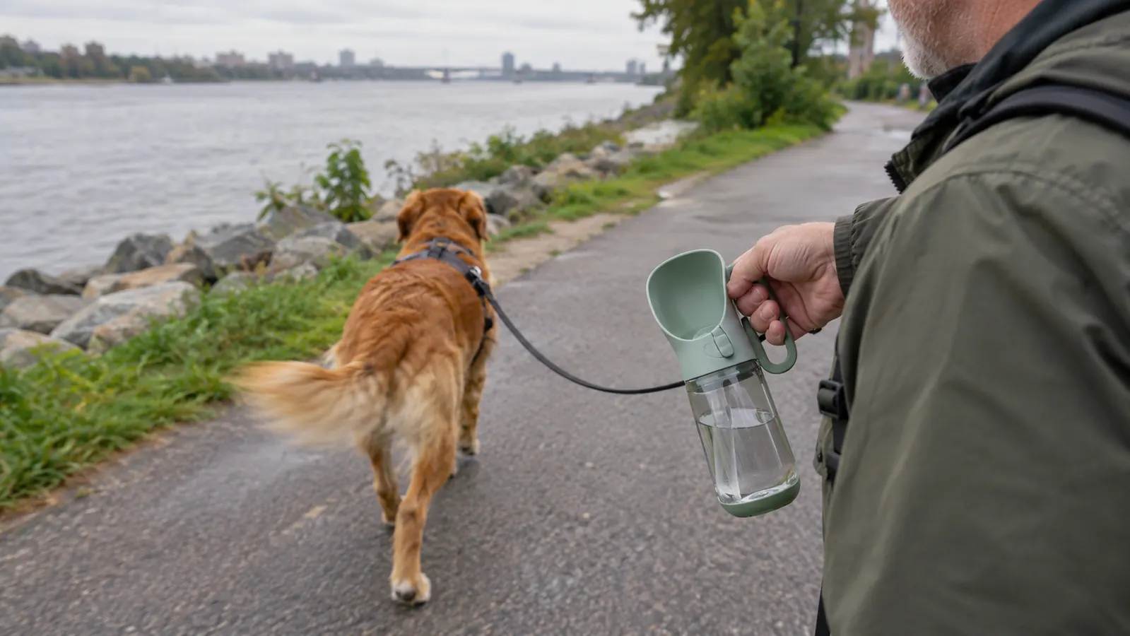 A hand holding a stainless steel water bottle with a two-way lid while a dog walks ahead on a paved path