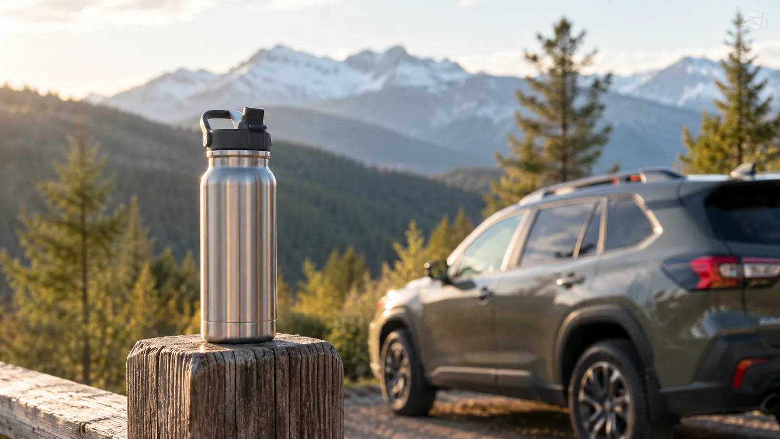 A stainless steel water bottle with a two-way lid standing upright on a trailhead sign post beside a small SUV
