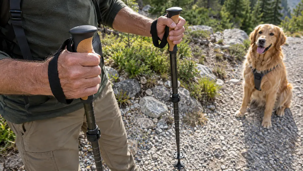 A person holding a trekking pole while a dog waits on the trail