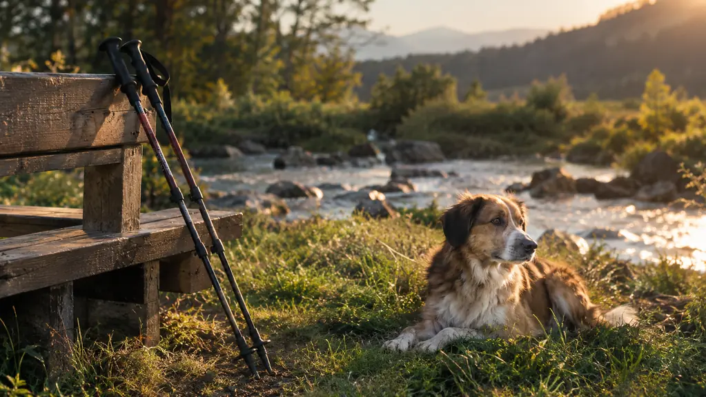A pair of trekking poles leaning against a wooden bench beside a river, a dog resting in the grass nearby