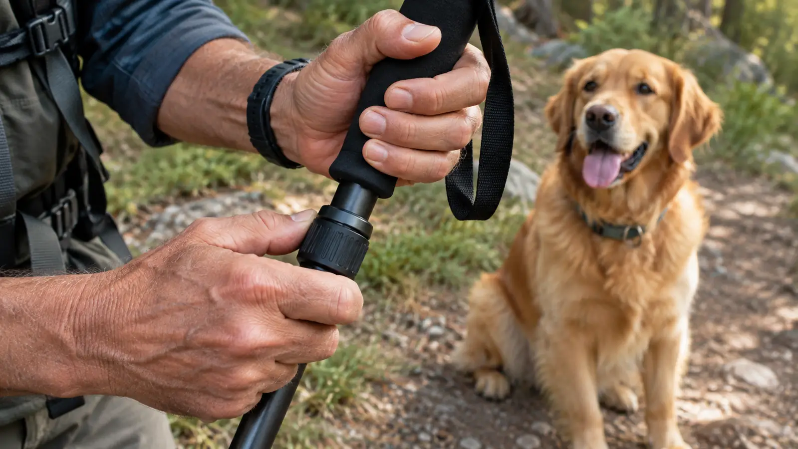 A hand adjusting the twist lock on a trekking pole while the dog waits on the trail