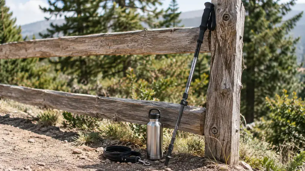A trekking pole leaning against a wooden fence beside a water bottle and a dog leash at a trailhead