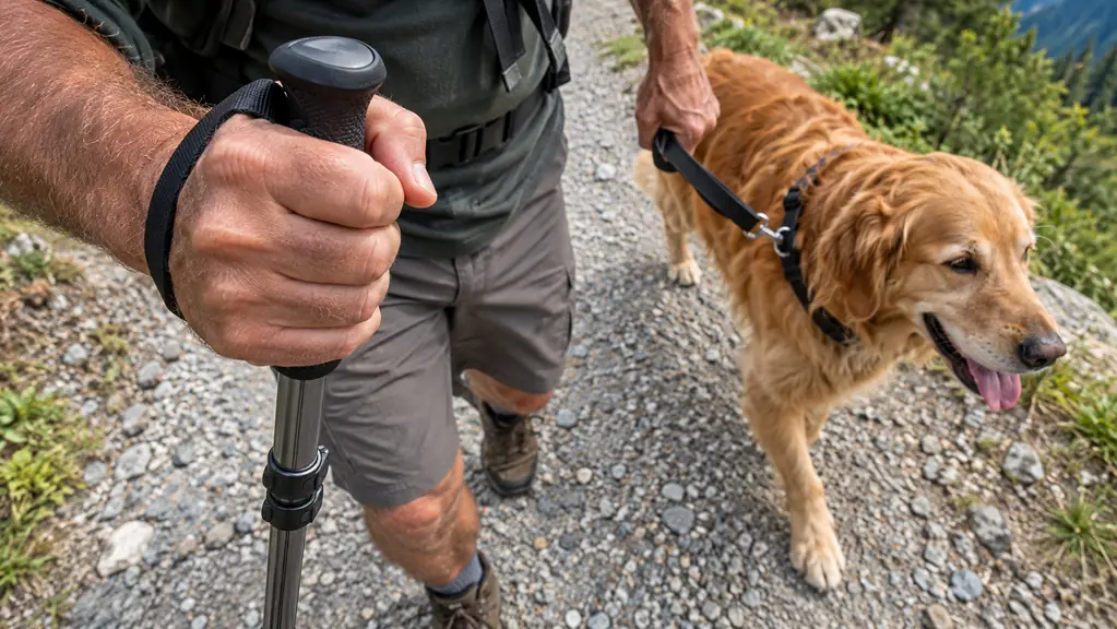 A hand gripping a trekking pole while walking on a gravel path with the dog beside.