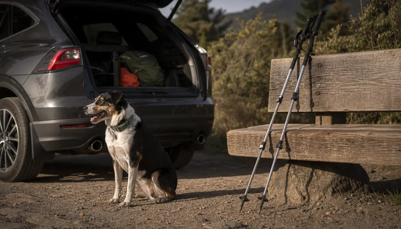 A pair of trekking poles leaning against a trailhead bench with a small SUV and a dog nearby.